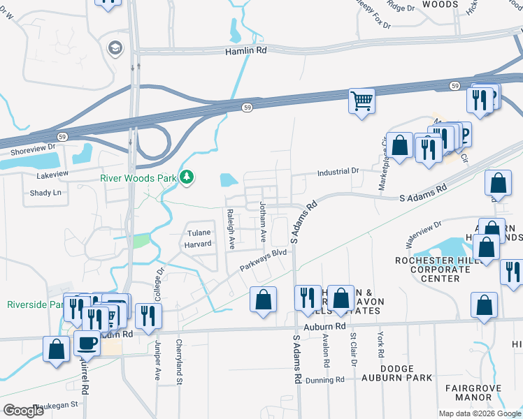 map of restaurants, bars, coffee shops, grocery stores, and more near 3886 Forester Boulevard in Auburn Hills