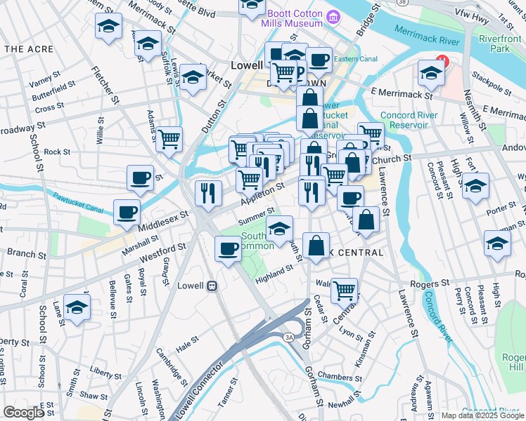 map of restaurants, bars, coffee shops, grocery stores, and more near 155 Summer Street in Lowell
