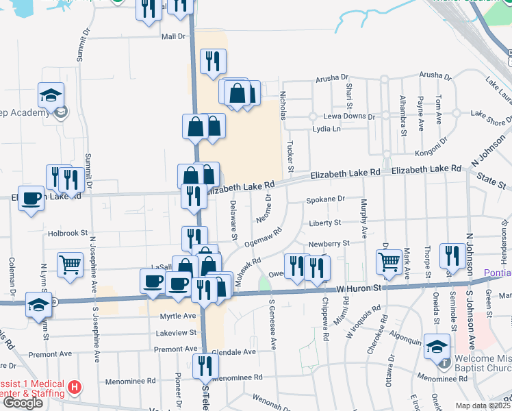 map of restaurants, bars, coffee shops, grocery stores, and more near 23 Neome Drive in Pontiac