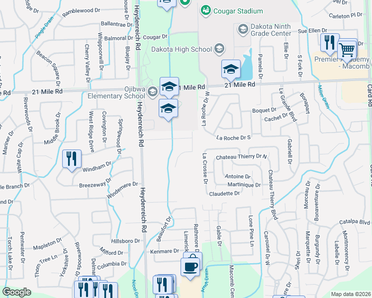 map of restaurants, bars, coffee shops, grocery stores, and more near 46448 Leanna Drive in Macomb