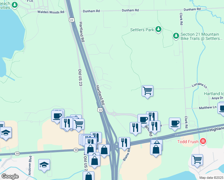 map of restaurants, bars, coffee shops, grocery stores, and more near 10484 Fawn Ridge Trail in Hartland