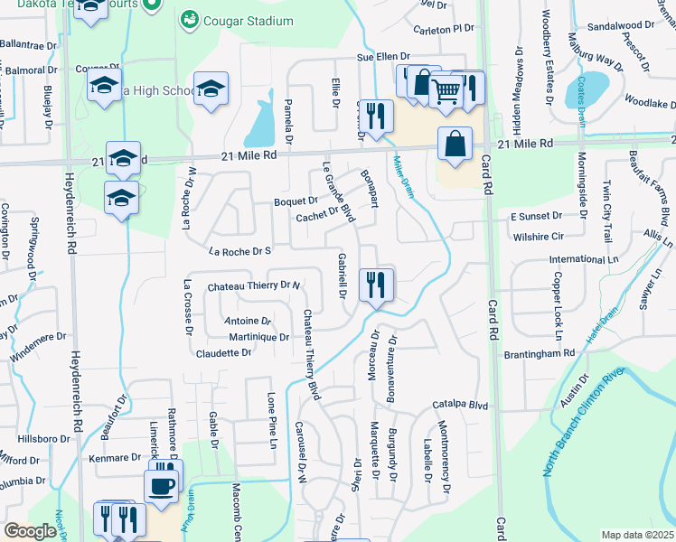 map of restaurants, bars, coffee shops, grocery stores, and more near 46397 Gabriell Drive in Macomb
