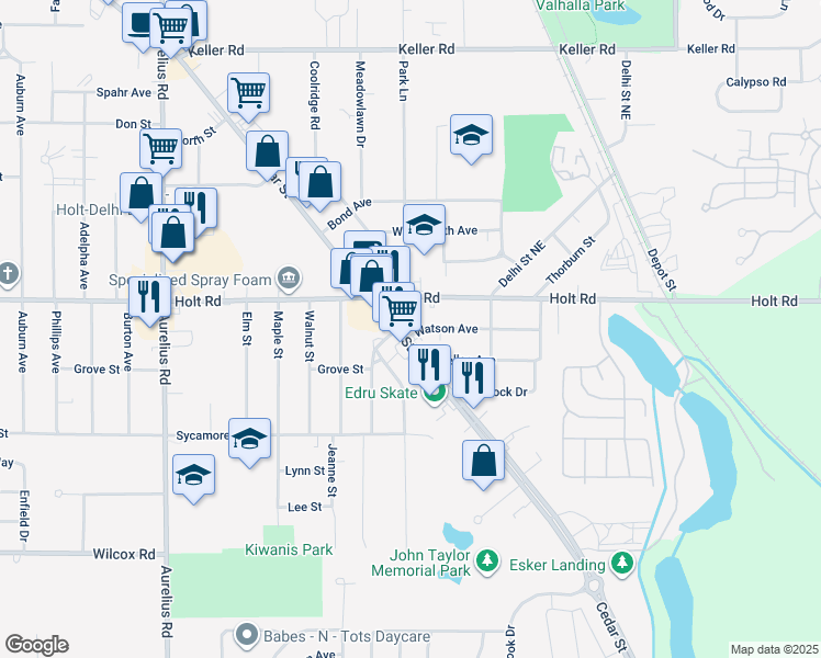 map of restaurants, bars, coffee shops, grocery stores, and more near 1963 Cedar Street in Delhi charter Township