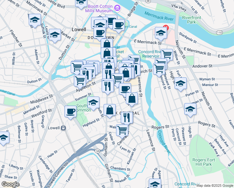 map of restaurants, bars, coffee shops, grocery stores, and more near 38 Chapel Street in Lowell