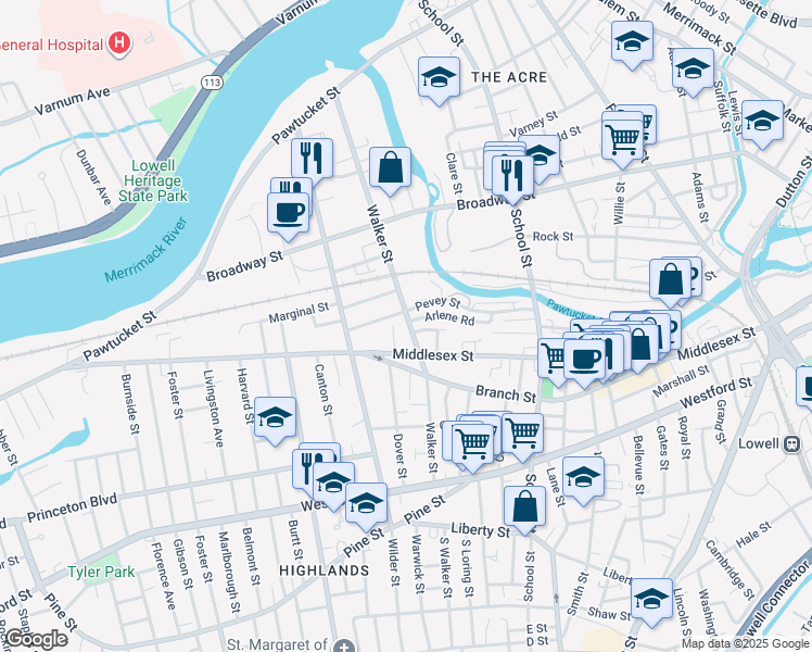 map of restaurants, bars, coffee shops, grocery stores, and more near 276 Walker Street in Lowell