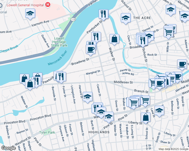 map of restaurants, bars, coffee shops, grocery stores, and more near 1181 Middlesex Street in Lowell