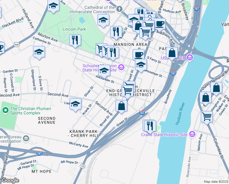 map of restaurants, bars, coffee shops, grocery stores, and more near 3 Teunis Street in Albany