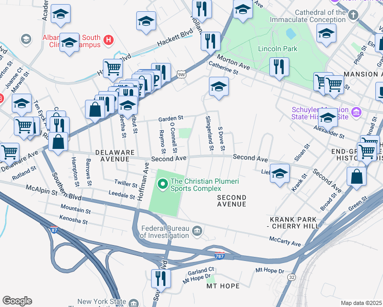 map of restaurants, bars, coffee shops, grocery stores, and more near 262 Second Avenue in Albany