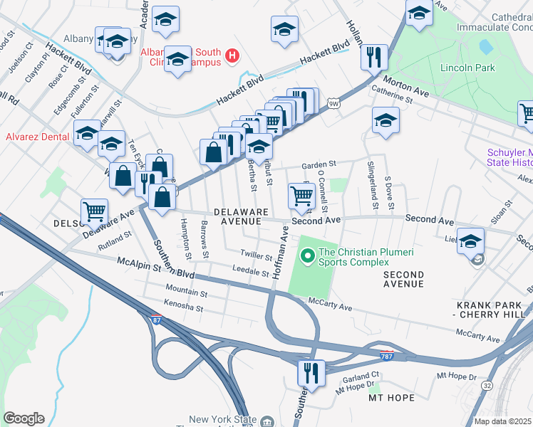 map of restaurants, bars, coffee shops, grocery stores, and more near 344 Second Avenue in Albany
