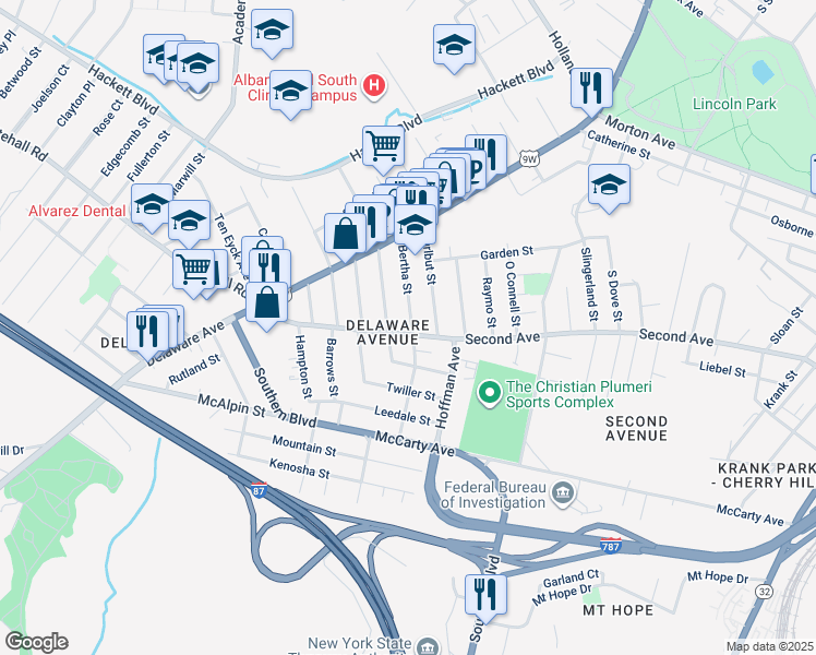 map of restaurants, bars, coffee shops, grocery stores, and more near 374 Second Avenue in Albany