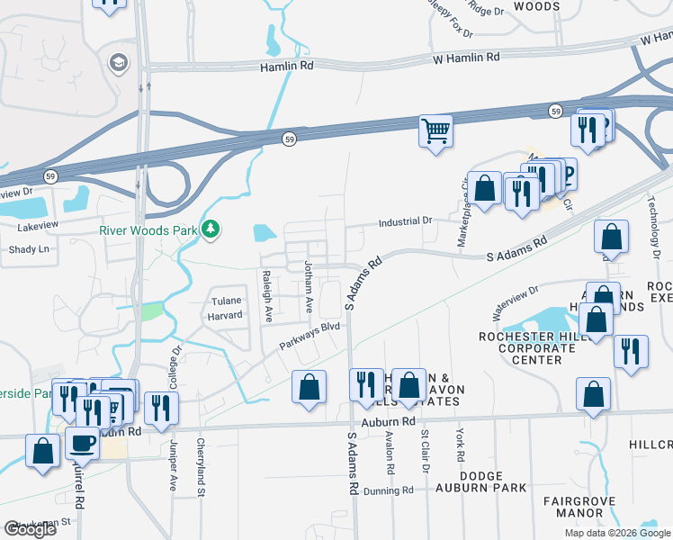 map of restaurants, bars, coffee shops, grocery stores, and more near 3940 Forester Boulevard in Auburn Hills
