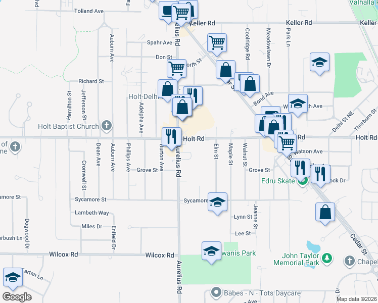 map of restaurants, bars, coffee shops, grocery stores, and more near 1966 North Aurelius Road in Delhi charter Township