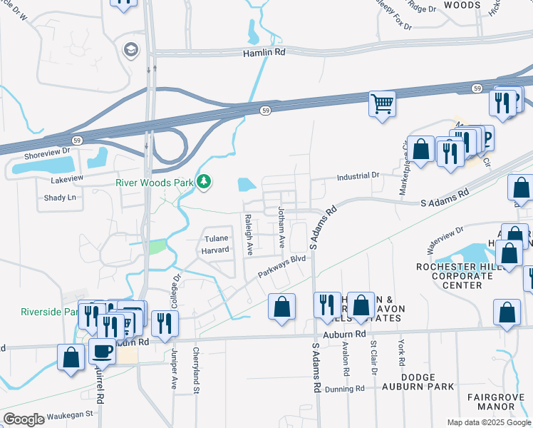 map of restaurants, bars, coffee shops, grocery stores, and more near 3874 Forester Boulevard in Auburn Hills