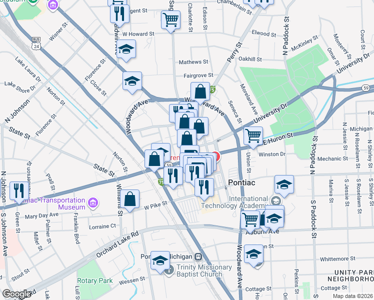 map of restaurants, bars, coffee shops, grocery stores, and more near 18 West Huron Street in Pontiac