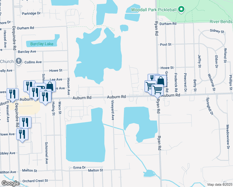 map of restaurants, bars, coffee shops, grocery stores, and more near 3335 Auburn Road in Macomb County