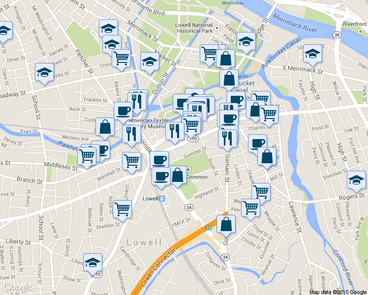 map of restaurants, bars, coffee shops, grocery stores, and more near 225 Summer Street in Lowell