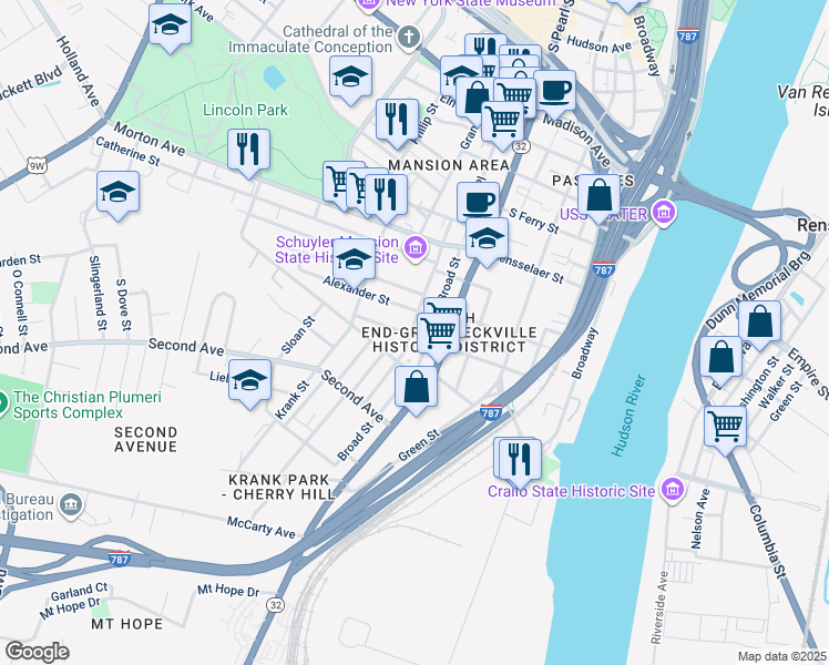 map of restaurants, bars, coffee shops, grocery stores, and more near 102 Clinton Street in Albany
