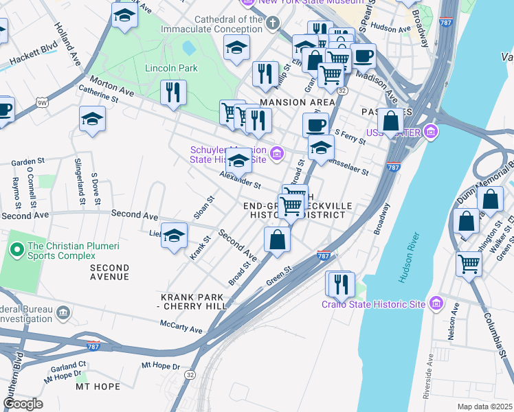 map of restaurants, bars, coffee shops, grocery stores, and more near 3 Teunis Street in Albany
