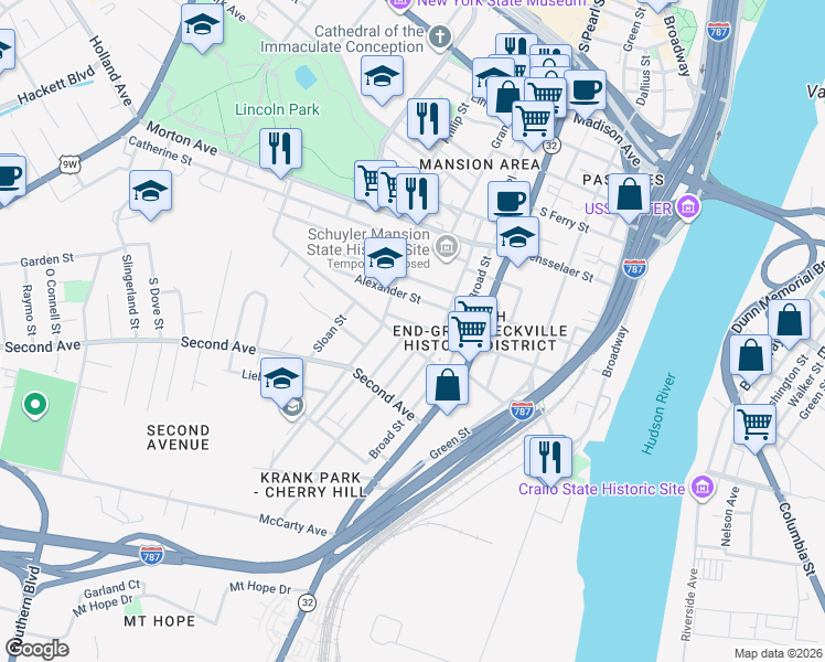 map of restaurants, bars, coffee shops, grocery stores, and more near 3 Teunis Street in Albany