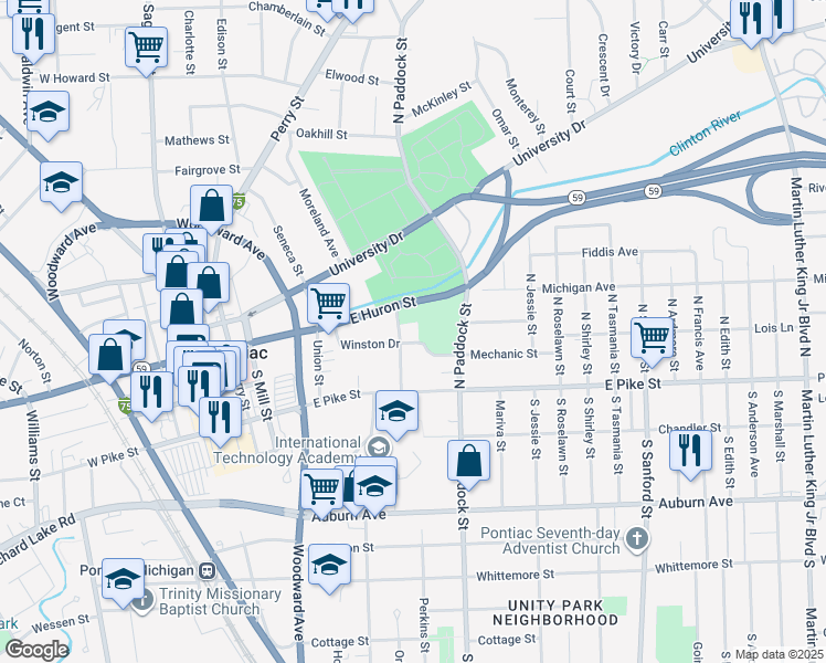 map of restaurants, bars, coffee shops, grocery stores, and more near 90 Mechanic Street in Pontiac