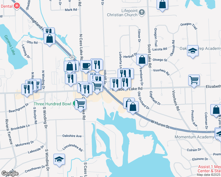 map of restaurants, bars, coffee shops, grocery stores, and more near 3273 West Huron Street in Waterford Township