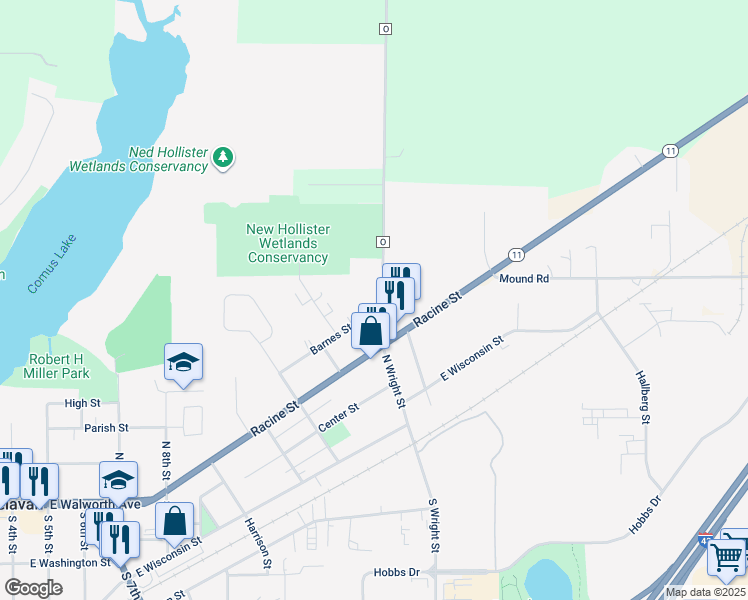 map of restaurants, bars, coffee shops, grocery stores, and more near 1231 Barnes Street in Delavan