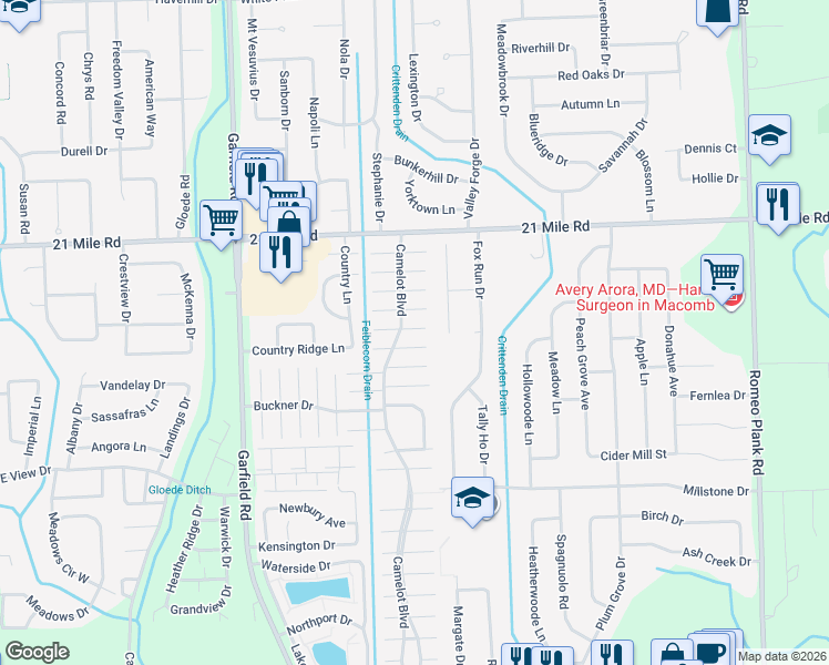 map of restaurants, bars, coffee shops, grocery stores, and more near 17115 Wales Drive in Macomb