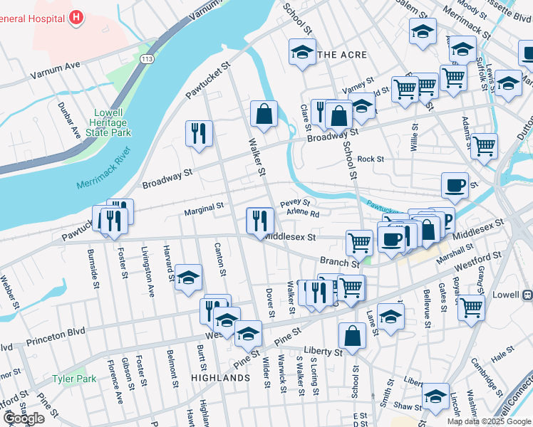 map of restaurants, bars, coffee shops, grocery stores, and more near 14 Gilbride Terrace in Lowell