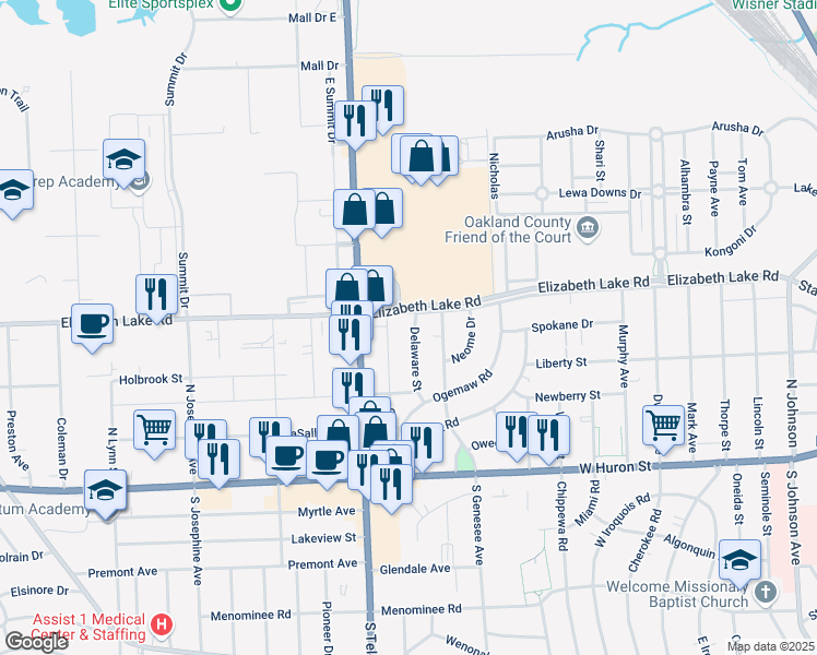 map of restaurants, bars, coffee shops, grocery stores, and more near 79 Delaware Street in Pontiac