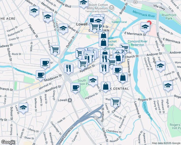 map of restaurants, bars, coffee shops, grocery stores, and more near 155 Summer Street in Lowell