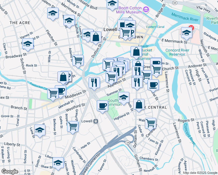 map of restaurants, bars, coffee shops, grocery stores, and more near 225 Summer Street in Lowell