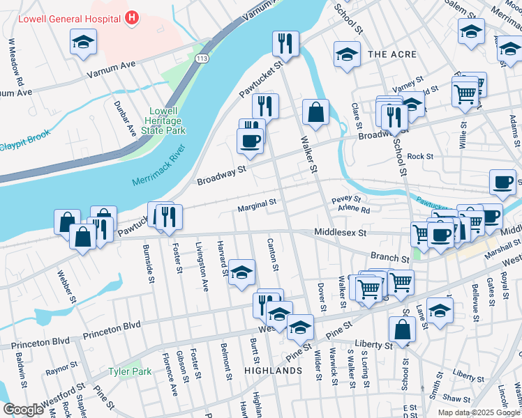 map of restaurants, bars, coffee shops, grocery stores, and more near 1181 Middlesex Street in Lowell