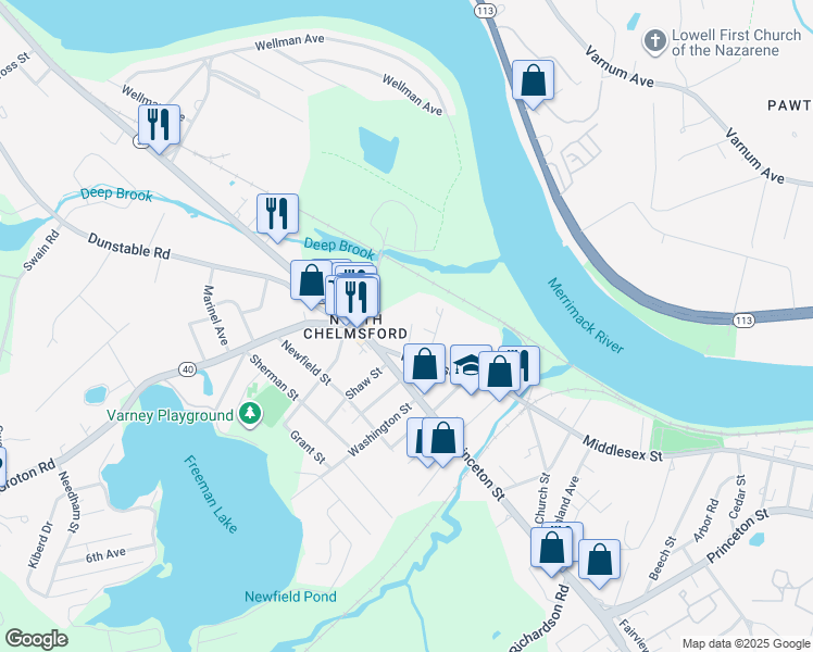 map of restaurants, bars, coffee shops, grocery stores, and more near 12 Middlesex Street in Chelmsford