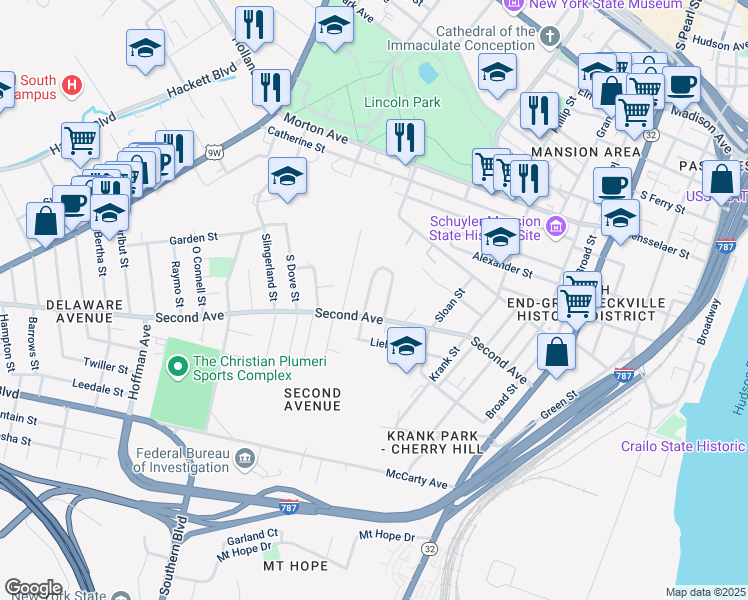 map of restaurants, bars, coffee shops, grocery stores, and more near 136 Second Avenue in Albany
