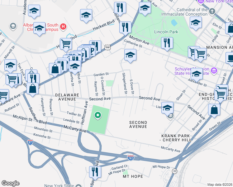 map of restaurants, bars, coffee shops, grocery stores, and more near 262 Second Avenue in Albany