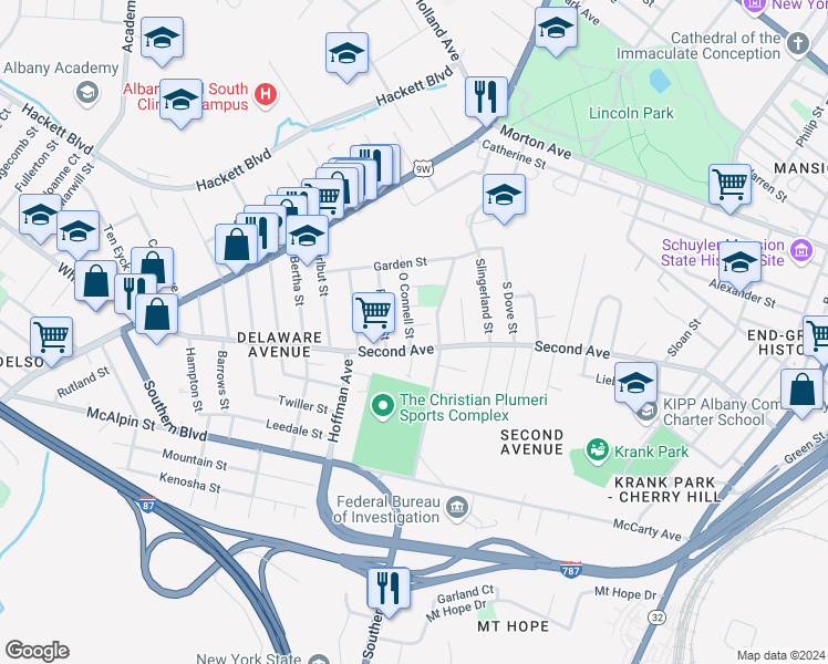 map of restaurants, bars, coffee shops, grocery stores, and more near in Albany