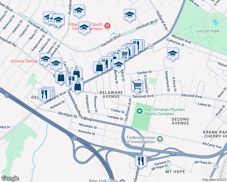 map of restaurants, bars, coffee shops, grocery stores, and more near 374 Second Avenue in Albany