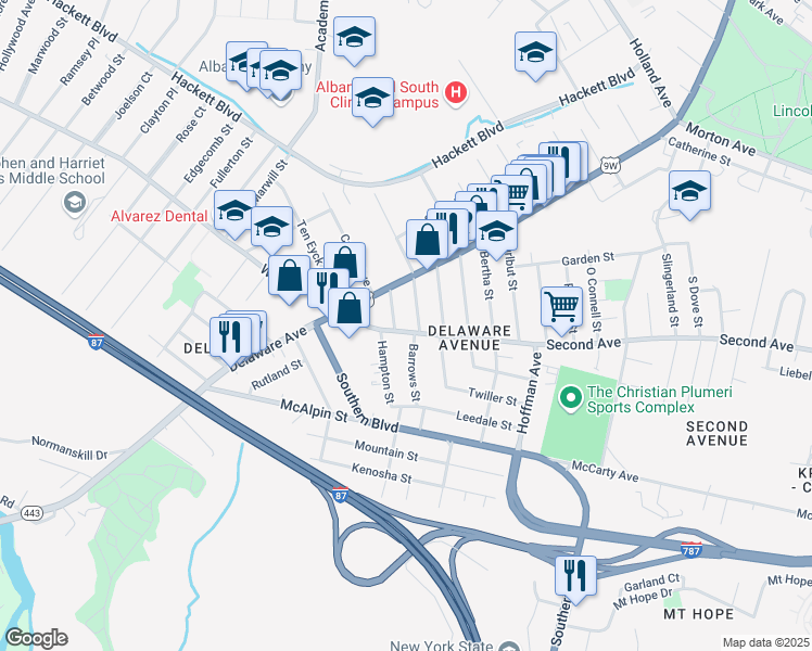 map of restaurants, bars, coffee shops, grocery stores, and more near 7 Barrows Street in Albany