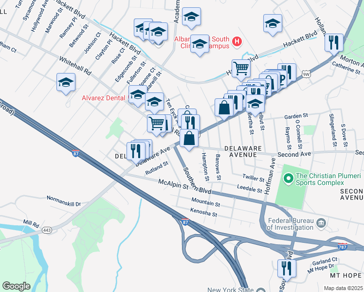 map of restaurants, bars, coffee shops, grocery stores, and more near 21 Southern Boulevard in Albany
