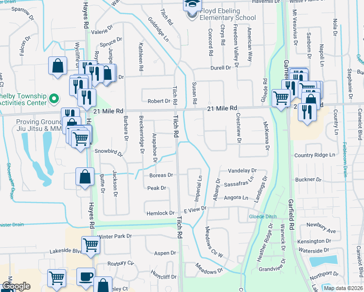 map of restaurants, bars, coffee shops, grocery stores, and more near 46600 Tilch Road in Macomb