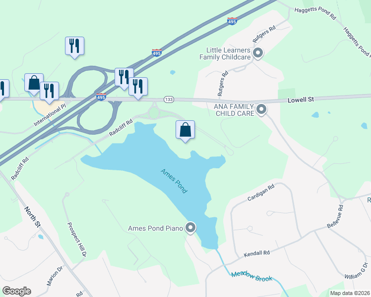 map of restaurants, bars, coffee shops, grocery stores, and more near 200 Ames Pond Drive in Tewksbury