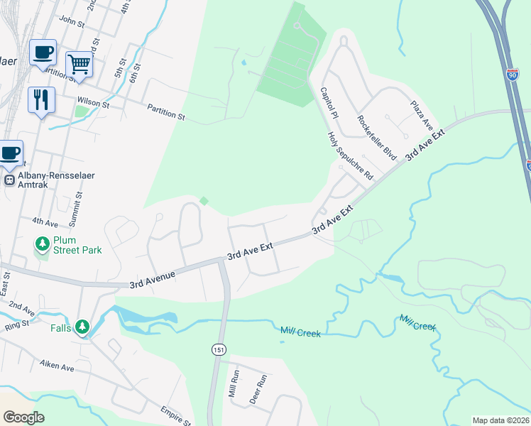 map of restaurants, bars, coffee shops, grocery stores, and more near 32 Tanners Lane in Rensselaer