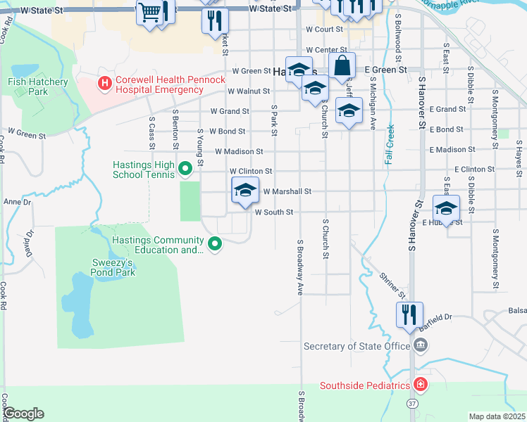 map of restaurants, bars, coffee shops, grocery stores, and more near 421 West South Street in Hastings