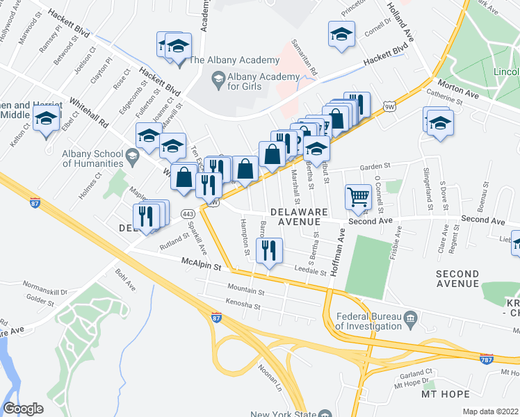map of restaurants, bars, coffee shops, grocery stores, and more near 399 2nd Avenue in Albany