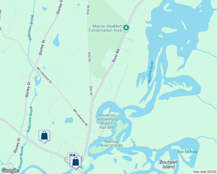 map of restaurants, bars, coffee shops, grocery stores, and more near 144 River Road in Pepperell