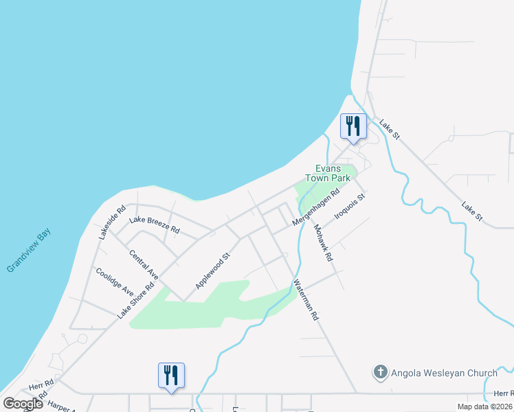map of restaurants, bars, coffee shops, grocery stores, and more near 9128 Waterman Road in Angola