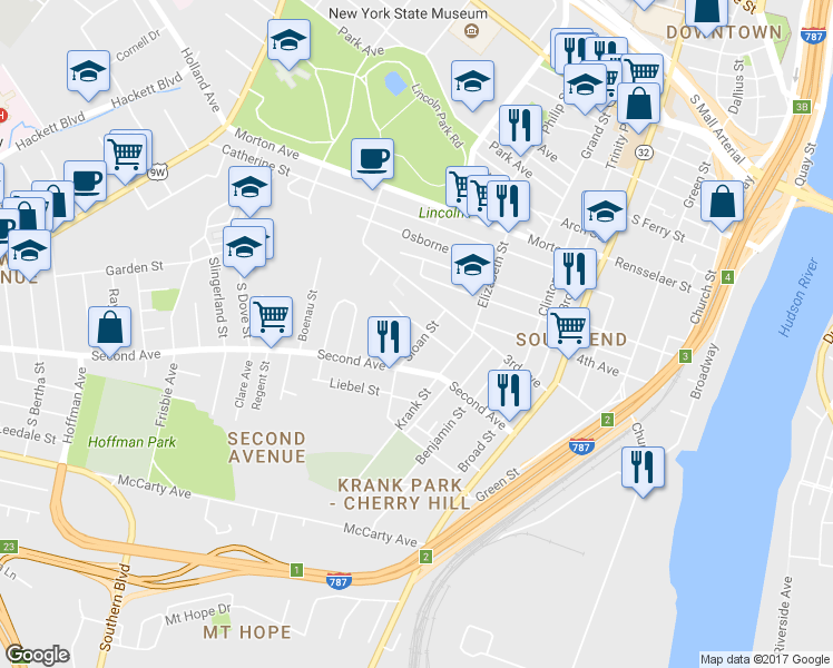 map of restaurants, bars, coffee shops, grocery stores, and more near 21 Sloan Street in Albany