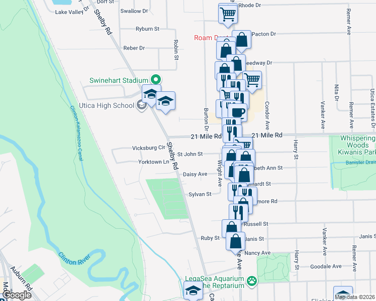 map of restaurants, bars, coffee shops, grocery stores, and more near 7522 Saint John Street in Macomb County