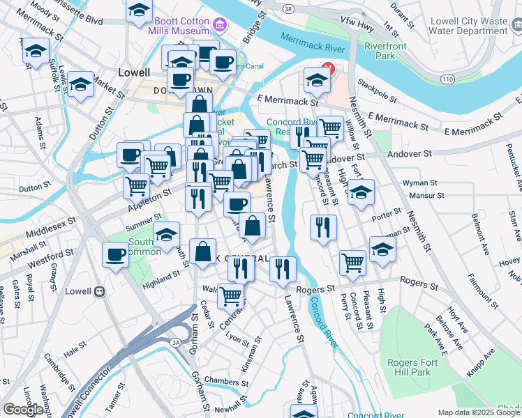 map of restaurants, bars, coffee shops, grocery stores, and more near 18 Cady Street in Lowell