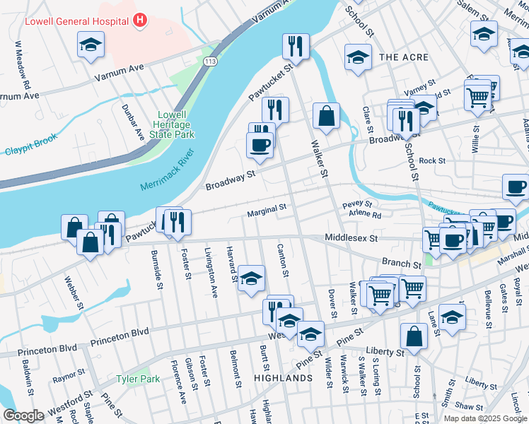 map of restaurants, bars, coffee shops, grocery stores, and more near 1181 Middlesex Street in Lowell